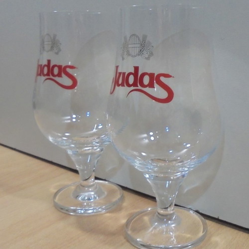 Judas beer set of 2 used promotional stemmed glasses 0.68lt