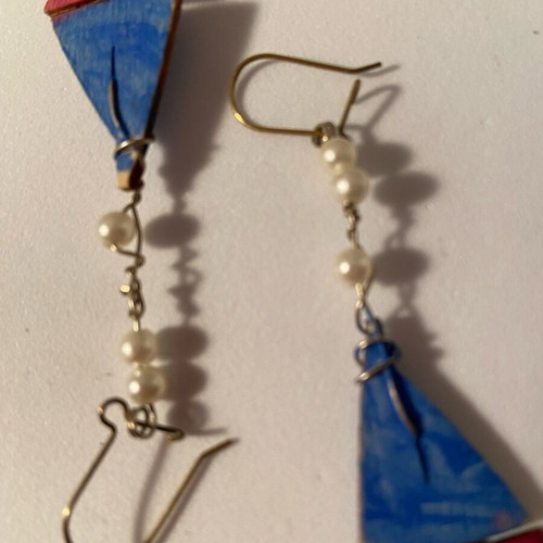Wooden painted sailboat earrings with pearls summer style