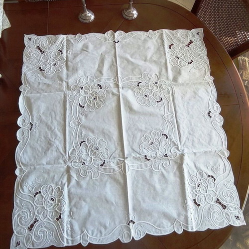 White embroidered tablecloth with cutwork and floral design vintage