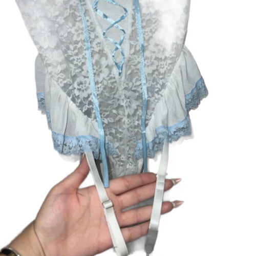 Lace bodysuit with ruffles and garter laces, white and turquoise