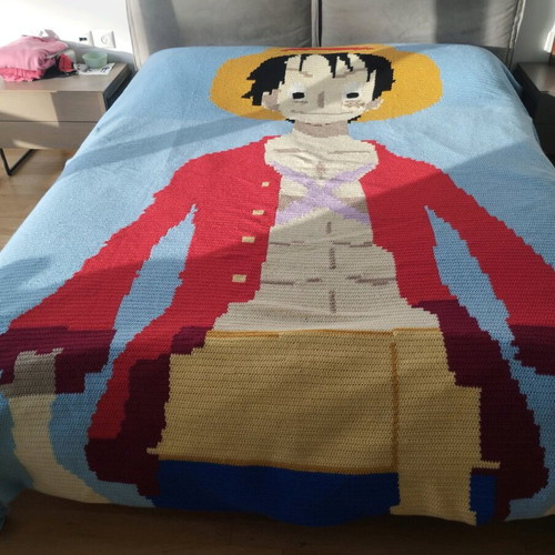 Handmade knitted blanket with Luffy from One Piece, made to order