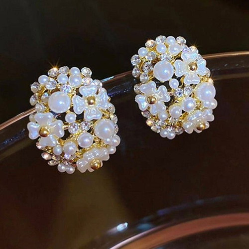 Floral Pearl and Crystal Stud Earrings New, White and Gold