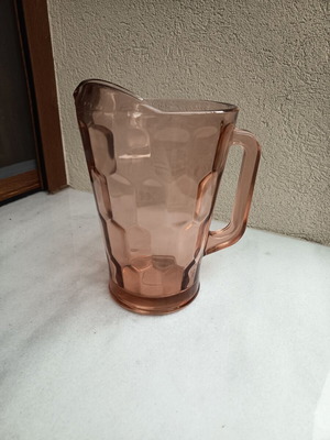 Glass pink jug like new, height 20-22 cm