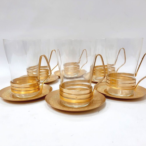 Vintage set of 6 glasses with copper bronze holders and saucers USSR 1960s like new