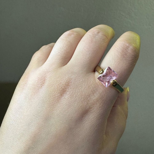 Gold stainless steel ring with pink stone new