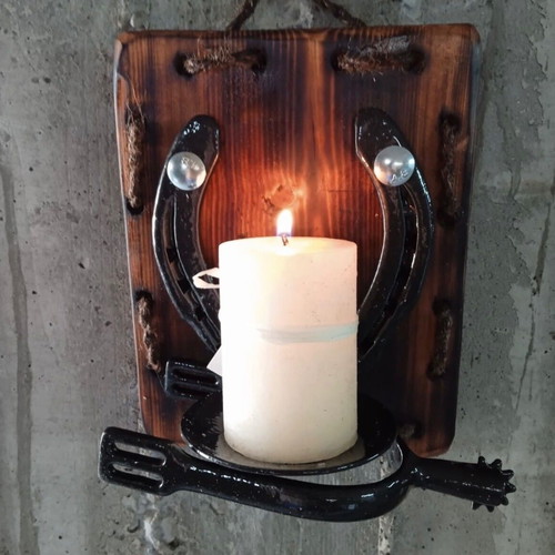 Handmade wall candle holder with genuine horseshoes