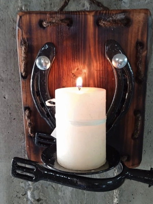 Handmade wall candle holder with genuine horseshoes