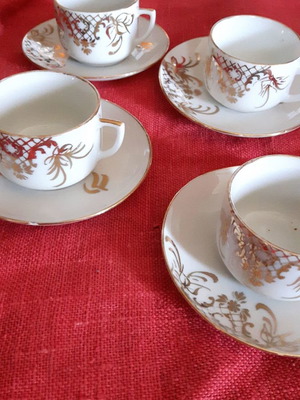 Greek coffee cups used, set of 4, white Japanese porcelain with gold