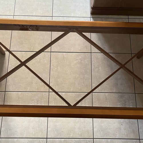Coffee tables set used, 3 pieces with glass and wood