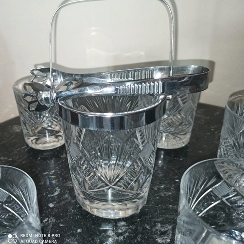 Bohemian crystal whiskey glasses and ice bucket set like new