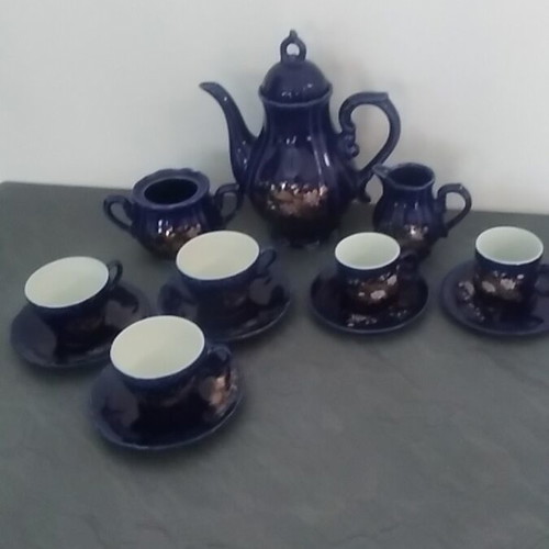Vintage Yamato 1886 Japan tea set used, 8-piece blue porcelain