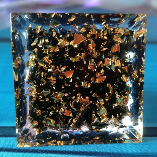 Orgonite pyramid with obsidian and gold leaves new