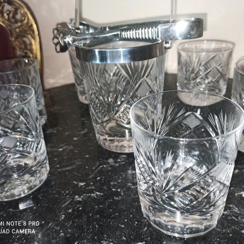 Bohemian crystal whiskey glasses and ice bucket set like new