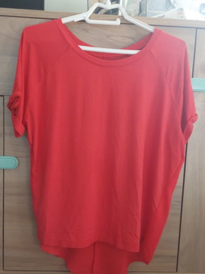 Women's red asymmetric blouse with semi-transparent back, like new, Large