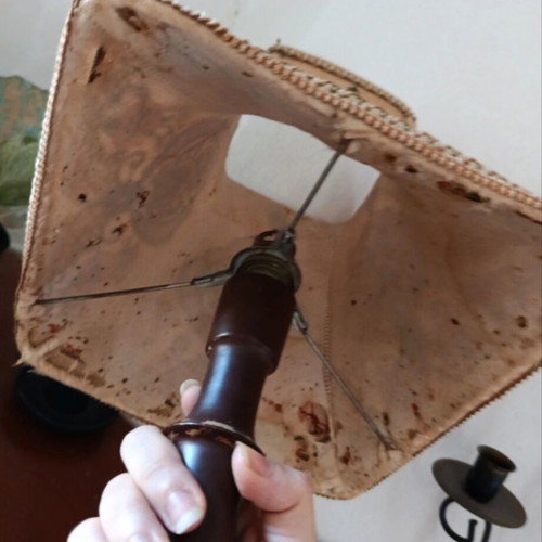 Vintage table lamp with wooden base and embroidered shade