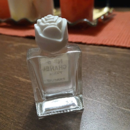 Mini bottle Chanel No. 5 used, vintage with white flower-shaped cap