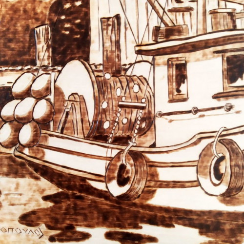 Pyrography painting Psaradiko new on basswood