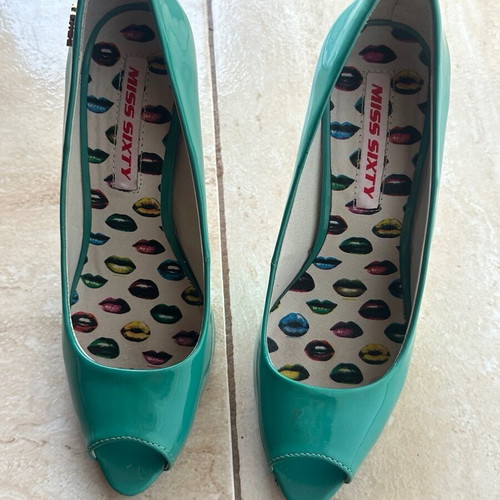 Miss Sixty turquoise patent leather peep-toe heels size 38