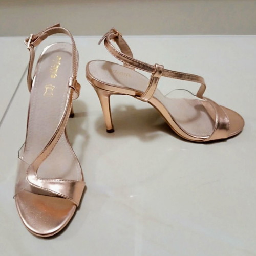 Adam's Shoes strappy heeled sandals pink rose gold vegan leather like new
