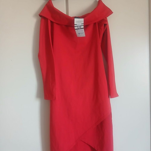 Red dress new with crossover opening and open shoulders