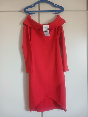 Red dress new with crossover opening and open shoulders