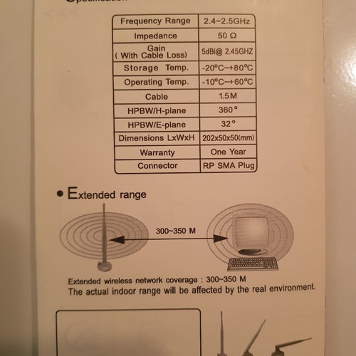 2.4GHz Omni 5dBi antenna used with network card antenna and 5m SMA extension