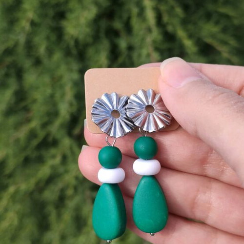 Handmade earrings new with green polymer clay beads and steel clasp