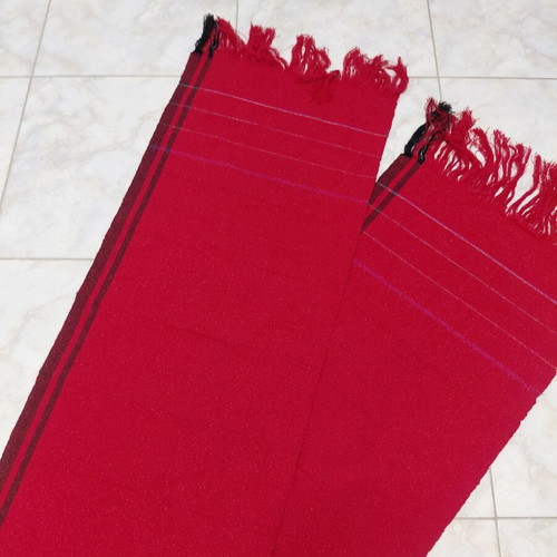 Traditional cotton fabric on loom, new, red with black stripes