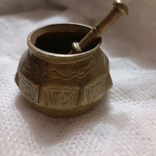 Brass mortar with pestle used, handmade, 1950s vintage