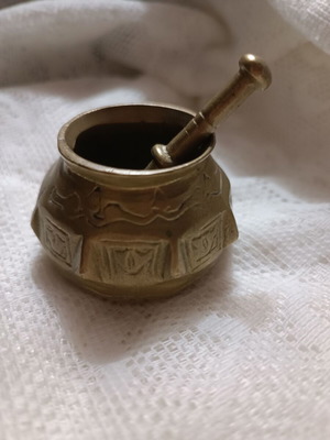 Brass mortar with pestle used, handmade, 1950s vintage