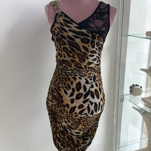 Φόρεμα λεοπάρ animal print με δαντέλα και στρας, μέγεθος S