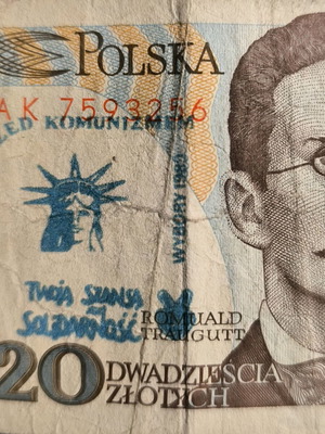 Χαρτονόμισμα 20 Zlotych μεταχειρισμένο με αντικομμουνιστική στάμπα από Πολωνία