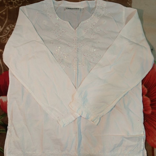 Christoff white embroidered blouse with sequins, size L, long sleeve