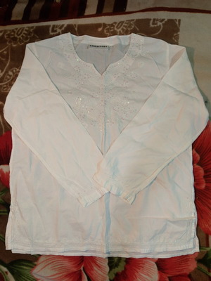 Christoff white embroidered blouse with sequins, size L, long sleeve