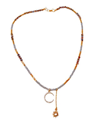 Handmade long necklace with hematite semi-precious stone and moon pendant with rhinestones and sun