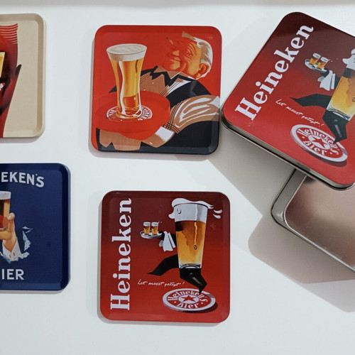 Heineken Metallic Coaster Set used, 4 pieces with metallic case