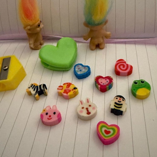 School set new with erasers, heart clip, sharpener and wish trolls