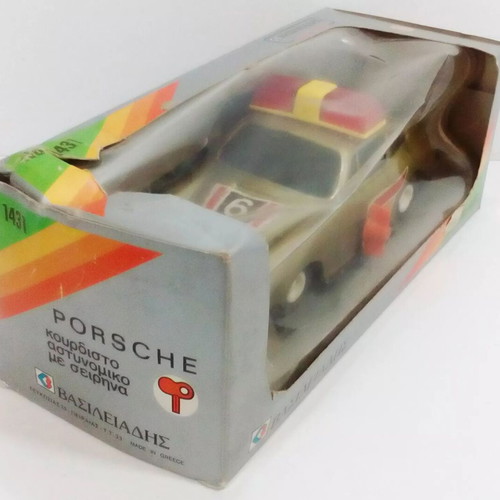 Vintage wind-up toy car used Greek made Vasileiadis Porsche