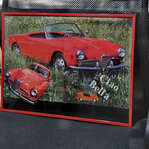 Alfa Romeo Giulietta Spider retro poster "Ciao Bella" with frame and protective glass