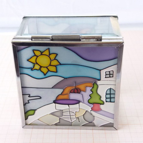 Jewelry box with painted lid, metal and glass