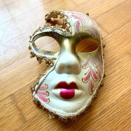 Venetian mask handmade decorative like new, white with gold and pink