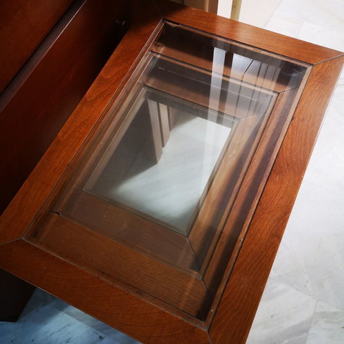 Set of 3 solid wood nesting coffee tables, glass tops with slight corner damage