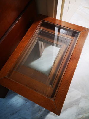 Set of 3 solid wood nesting coffee tables, glass tops with slight corner damage