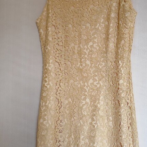 Anna Sereti Collection mini dress with yellow-beige lace, size 48