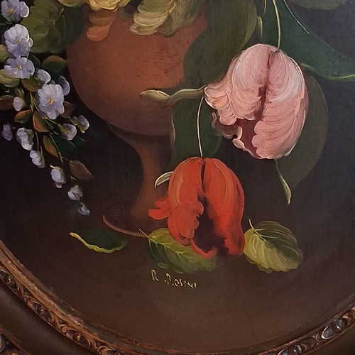 R. Rosini Large Collectible Italian Oil Painting on Wood with Flowers like new