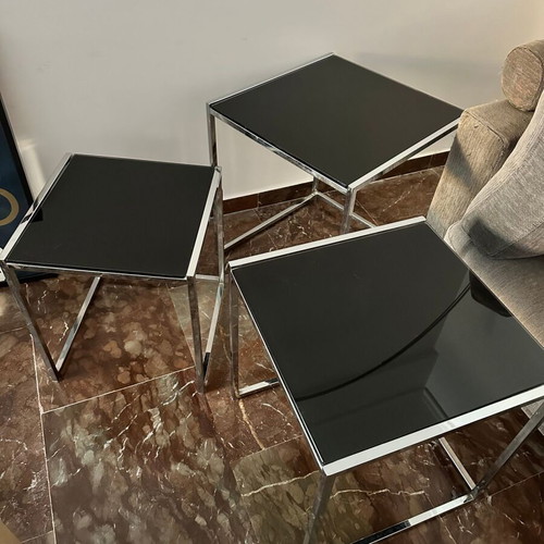 Cross set of 3 nesting side tables by ENTOS, black glass and chrome