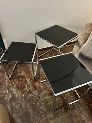 Cross set of 3 nesting side tables by ENTOS, black glass and chrome