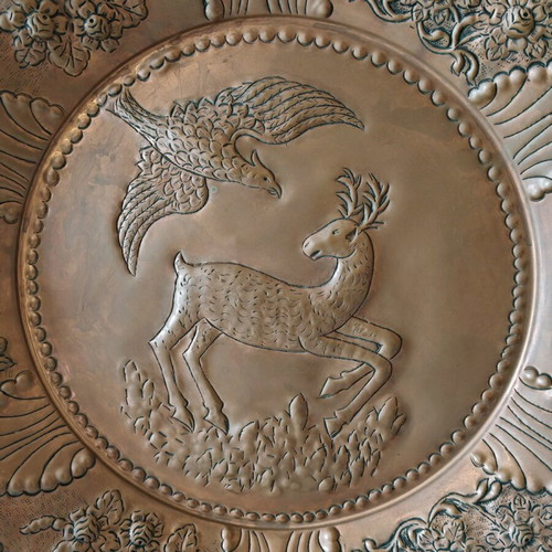 Vintage metal plate with embossed deer and bird, brass, new