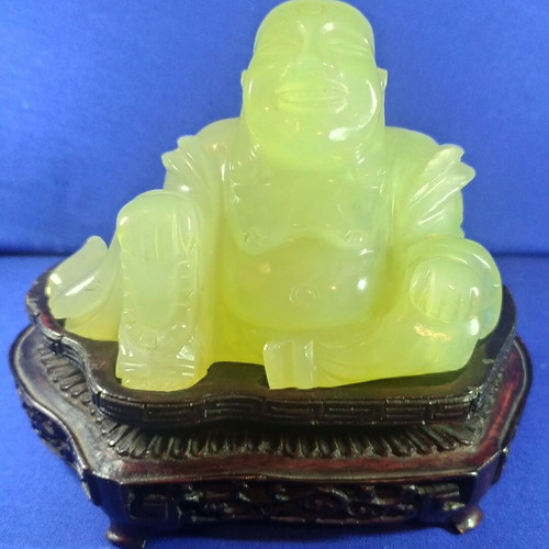 Vintage Budai figurine, handmade natural hard stone, celadon style