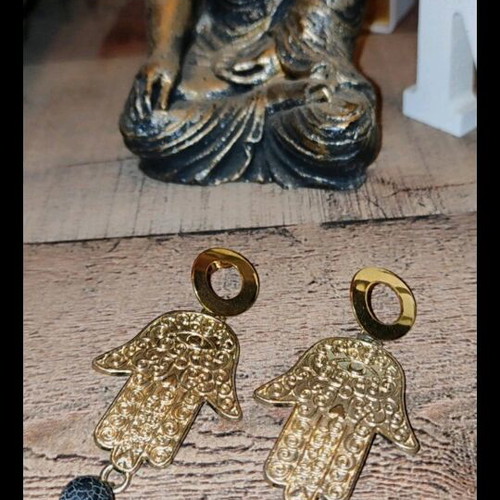 Hamsa earrings new with stone from Santorini volcano